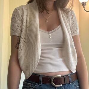 Y2k Faded Glory cream/white crochet mini short sleeve cardigan shawl size small